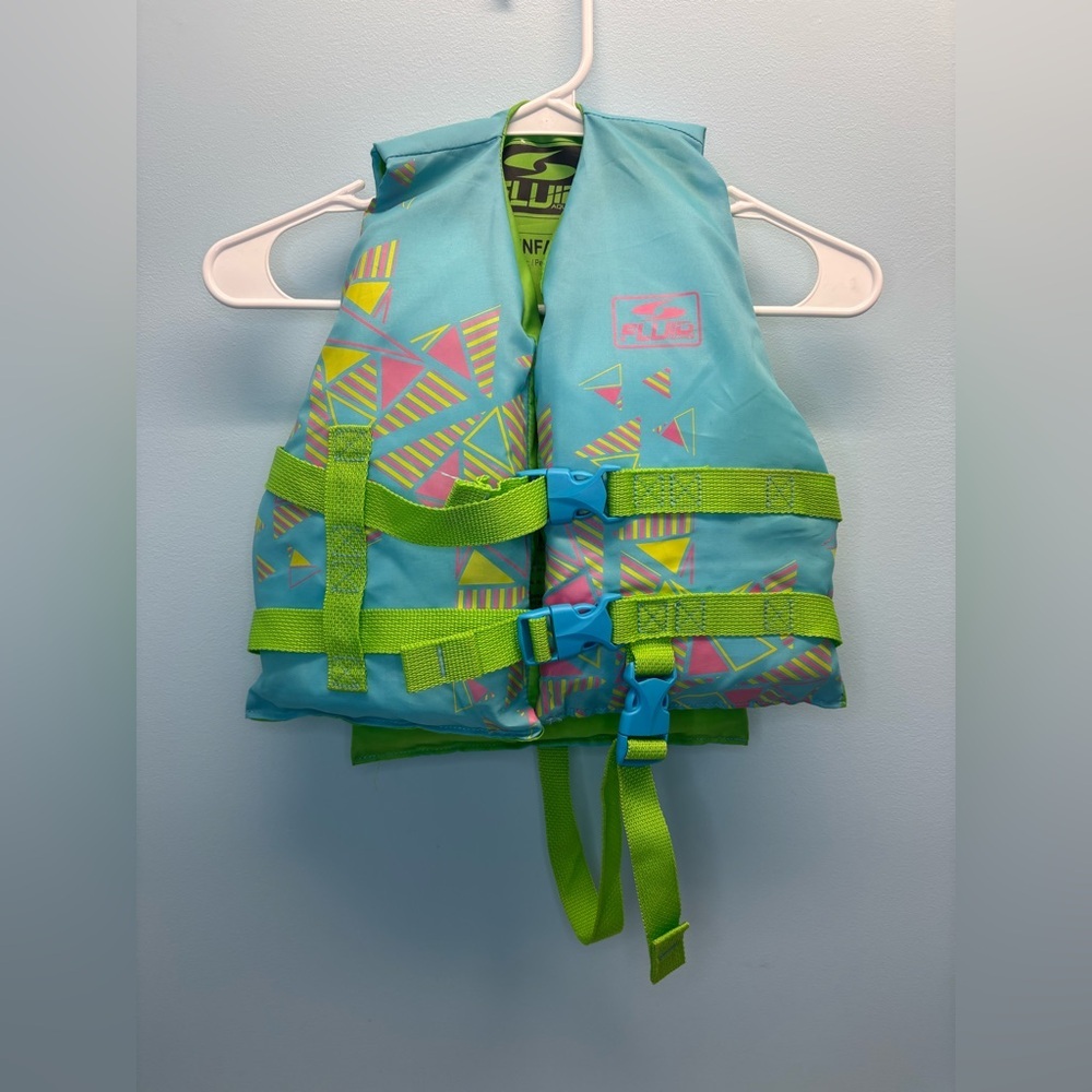 Fluid Aquatics U.S. Coast Guard Approved Child Life Jacket in green/blue colors